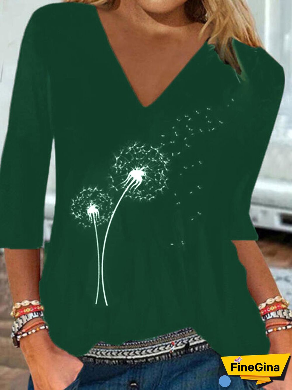 Vintage Dandelion Printed V-Neck 3/4 Sleeves Plus Size Casual T-shirts