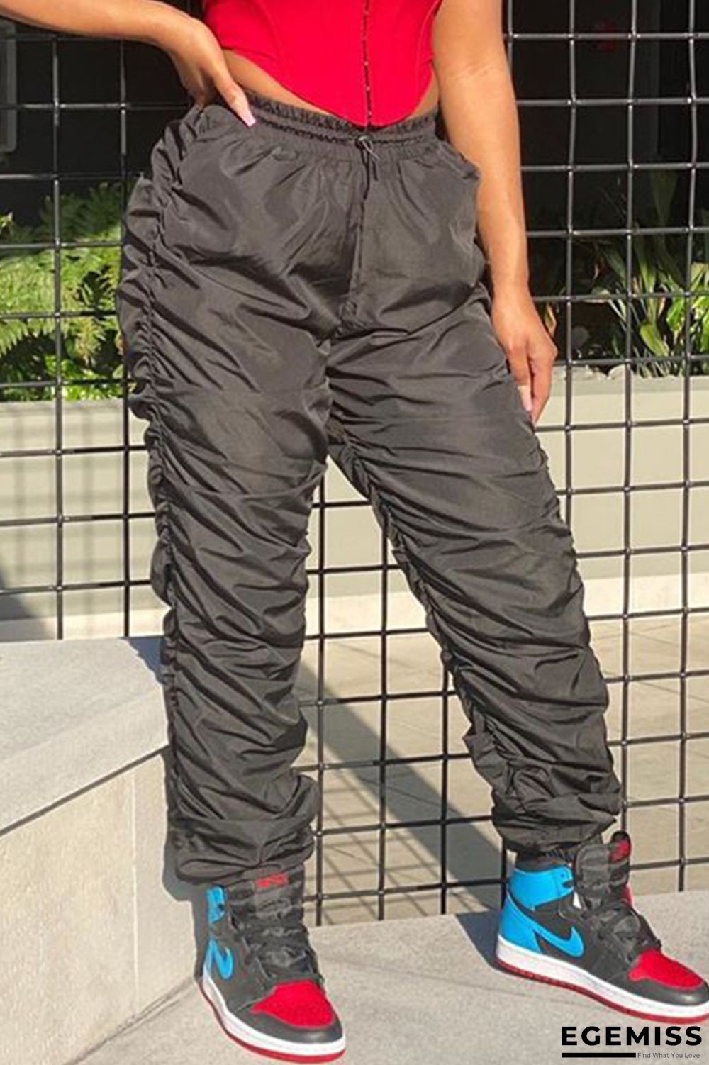 Black Elastic Fly Sleeveless Mid Patchwork Draped Solid Straight Pants | EGEMISS