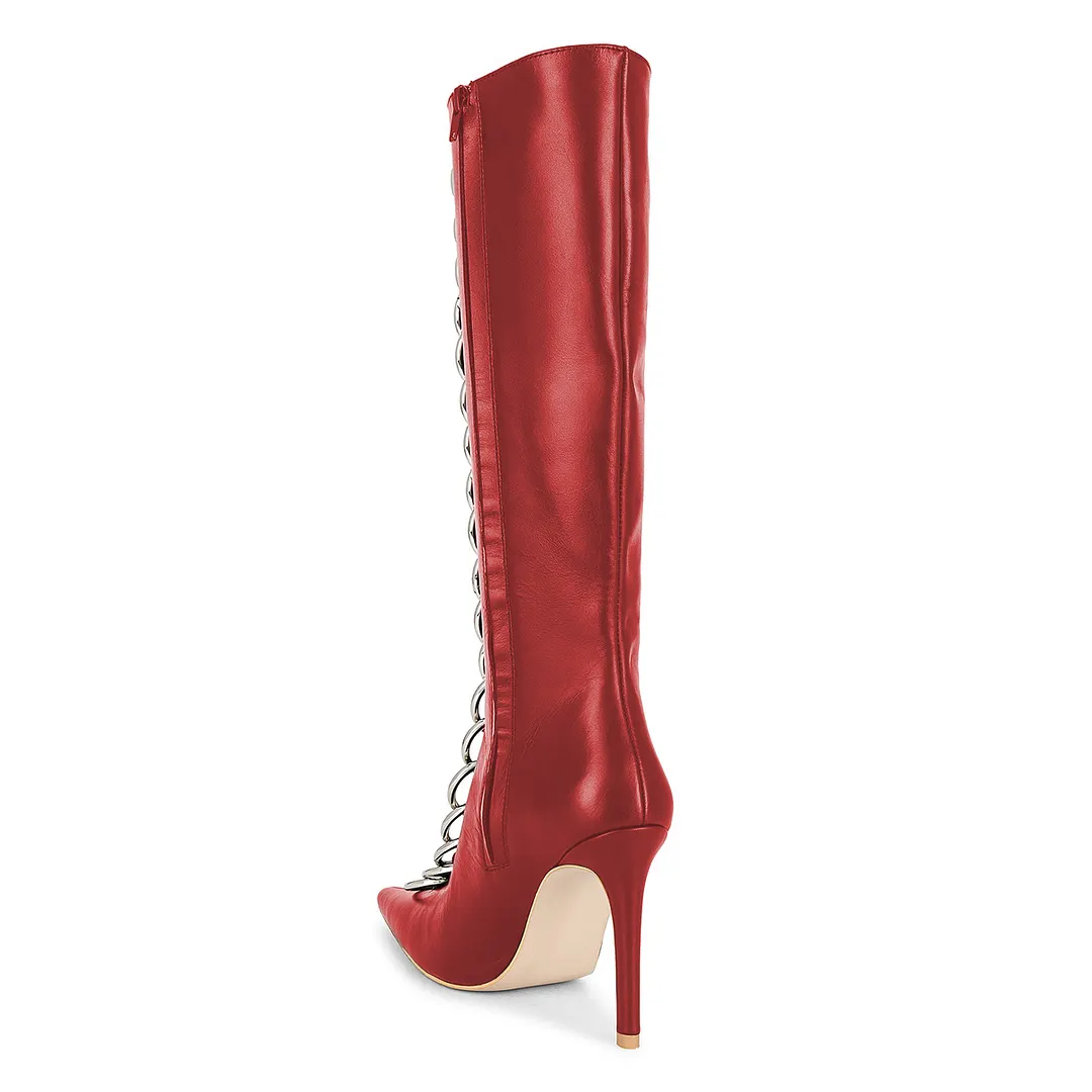 Red Vegan Leather Pointed Multiple Silver Ring Decor Knee High Boots