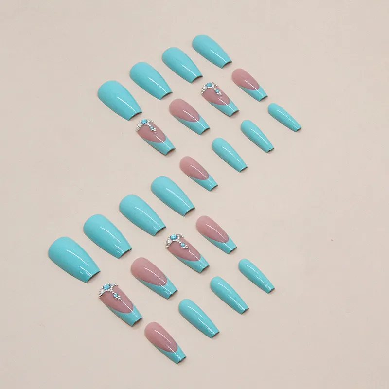 Churchf Churchf And Long Lake Blue Dripping Diamond Nail Flash Pure Color Fake Nails Fashion Luxury Diamond Wear Armor Finished Products