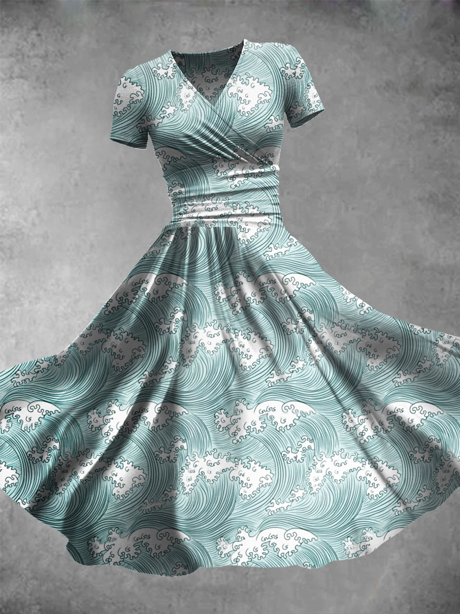 Women's Japanese Waves Art Print Short Sleeve Dress