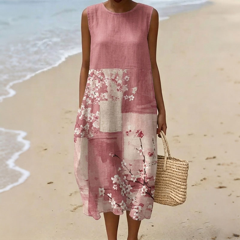 Women's Floral Art Print Linen Blend Slip Dress elevenforest