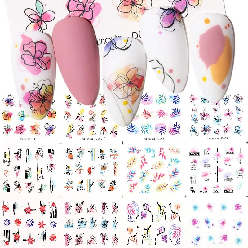 12Pcs Leopard Water Decals Sticker Hollow Floral Flower Leaves Geometry Water Transfer Watermark Foil Slider Decoration