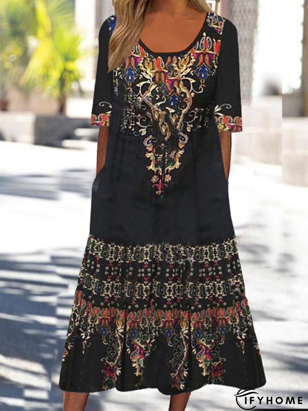 Women Casual Ethnic Autumn Natural Daily Long Best Sell Half sleeve T-Shirt Dress Dress | IFYHOME