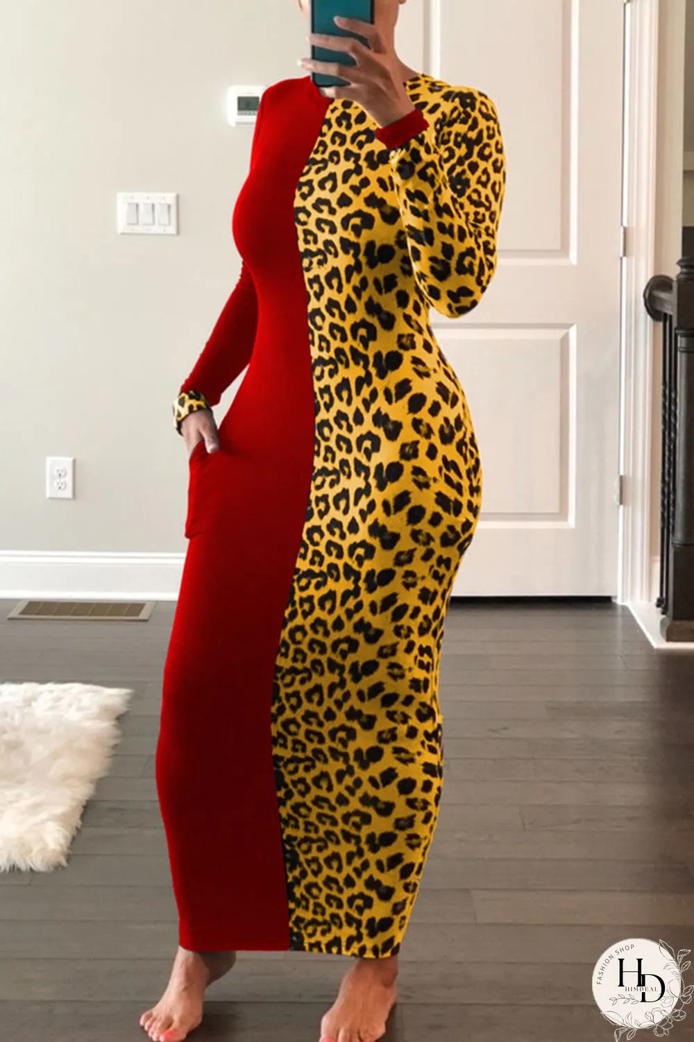 Rose Red Fashion Casual Print Leopard Split Joint O Neck Long Sleeve Dress