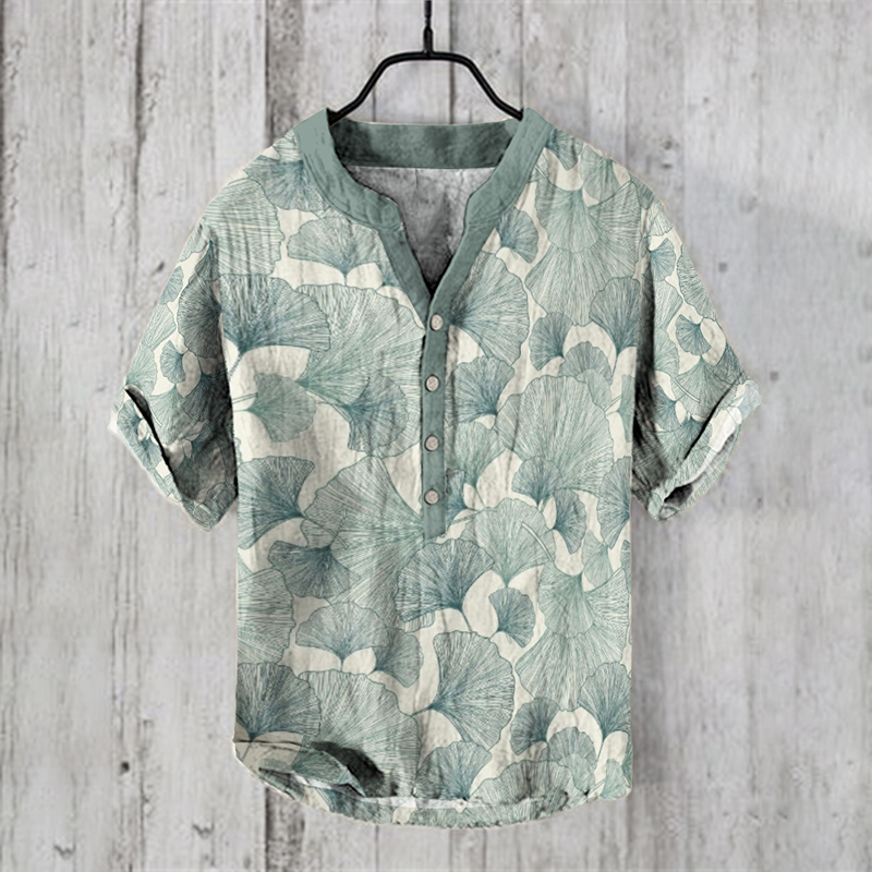 Japanese Ink Painting Of Ginkgo Art Causal Linen Blend Cozy Shirt  artssus