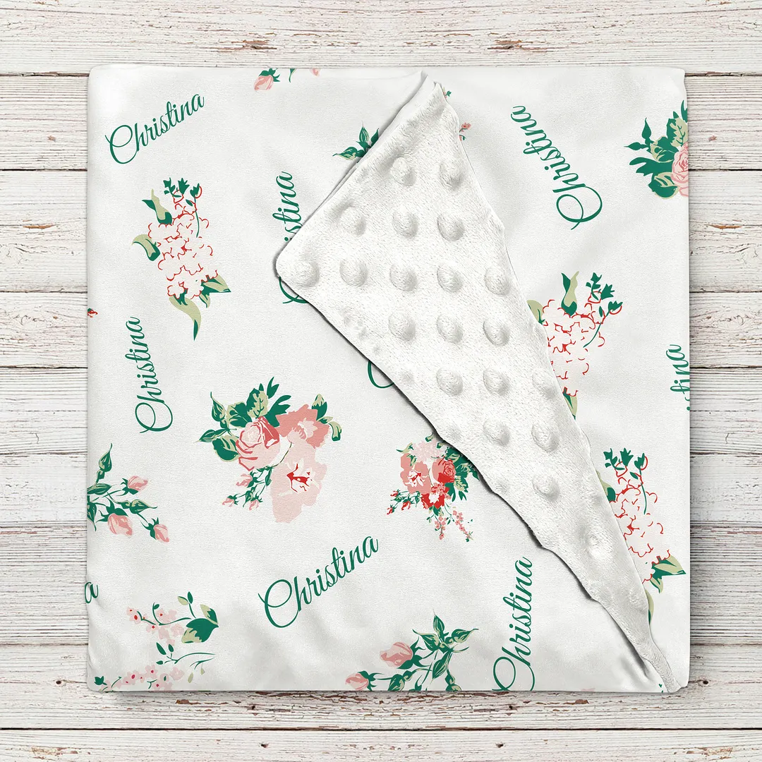 Personalized Beautiful Pink Flowers Baby Girl Name Blanket 