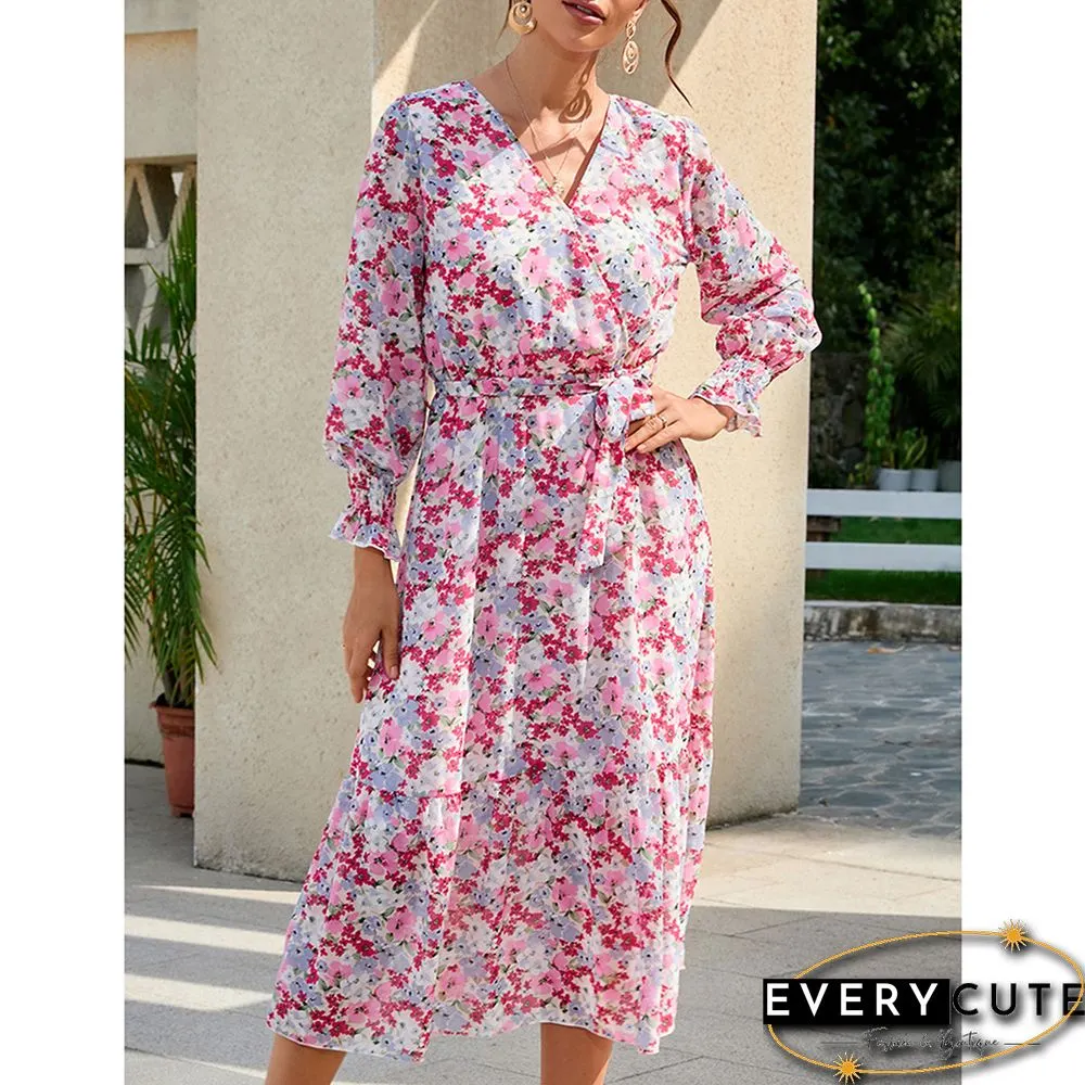 Multicolor V Neck Tie Waist Long Sleeve Floral Dress