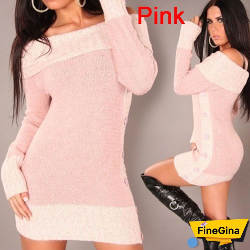 Women's Fashion Autumn Winter Casual Long Mini Dress Knitted Wear Knitted Sweater Dress