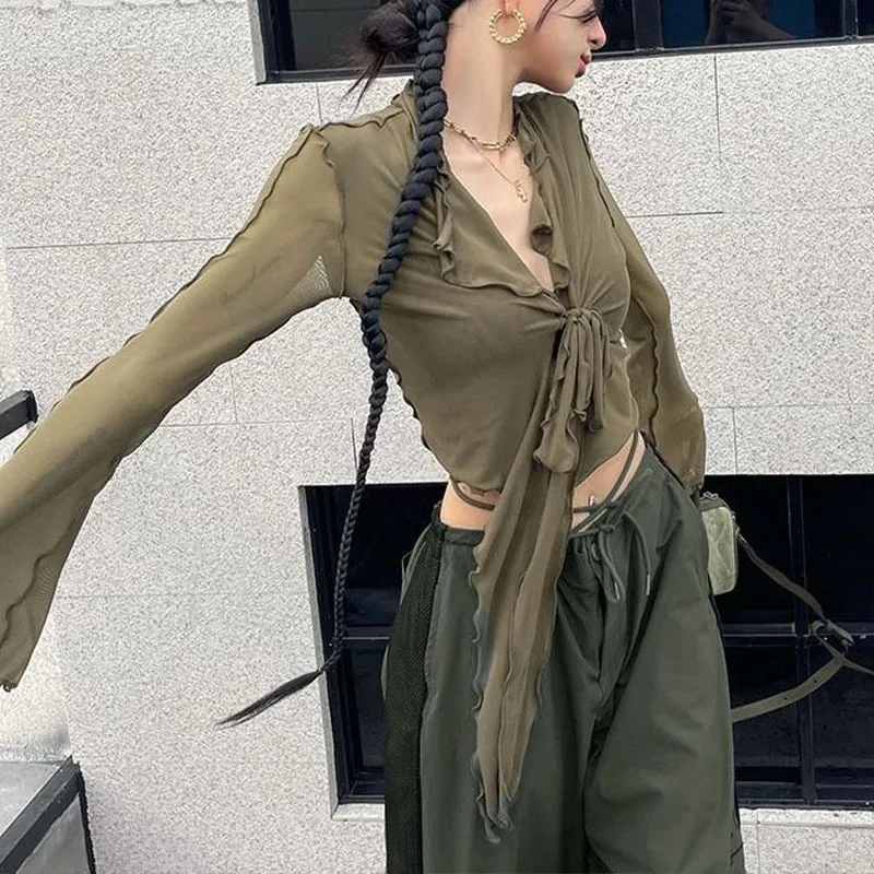 Churchf Churchf Girl Long Sleeve T-Shirt Female New Outside Wear V-Neck Perspective Strap Exposed Navel Slim Slim Cardigan Horn Sleeve Jacket