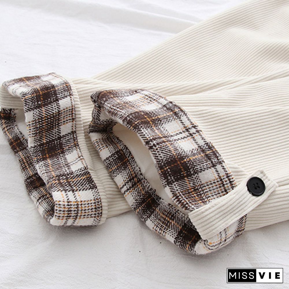 Corduroy Elastic Waist Plaid Roll Up Hem Pants