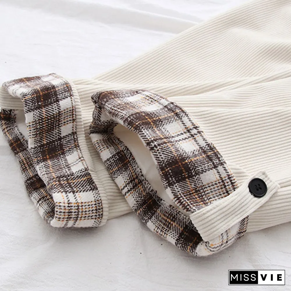 Corduroy Elastic Waist Plaid Roll Up Hem Pants