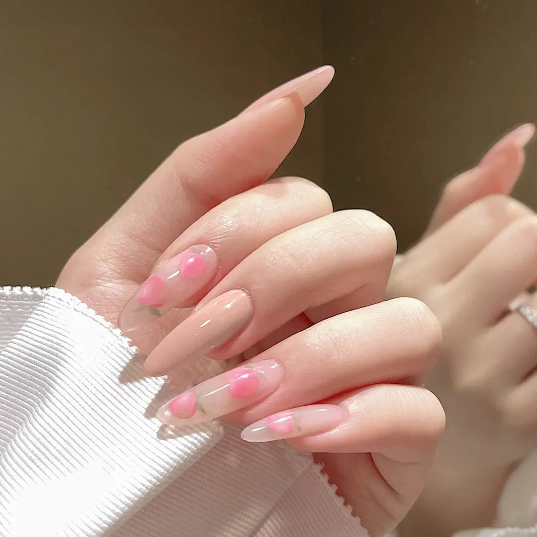 24Pcs Coffee Color With Grids Heart Designs False Nail Full Cover Fake Nails with Glue Detachable Wearable Manicure Nail Tips-Nail Inspo
