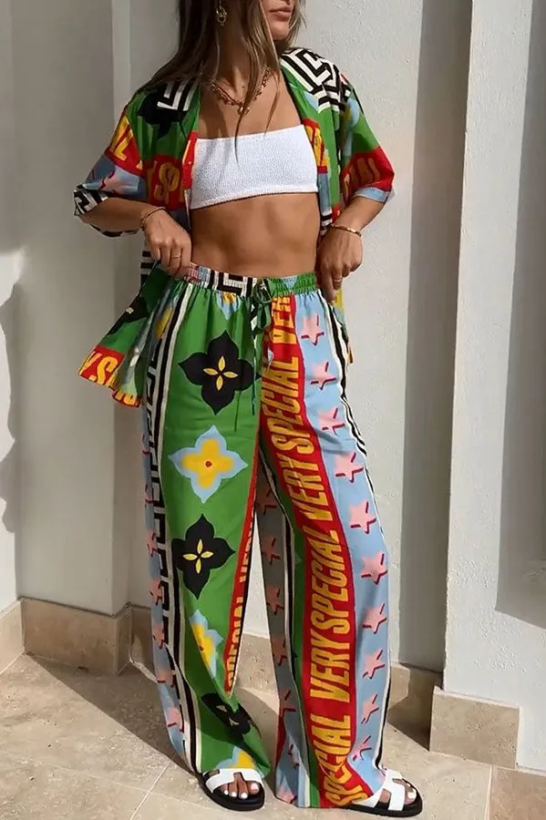 Very Geo Printed Button Down Top and Elasticated Waist Pocket Wide Leg Pants Set