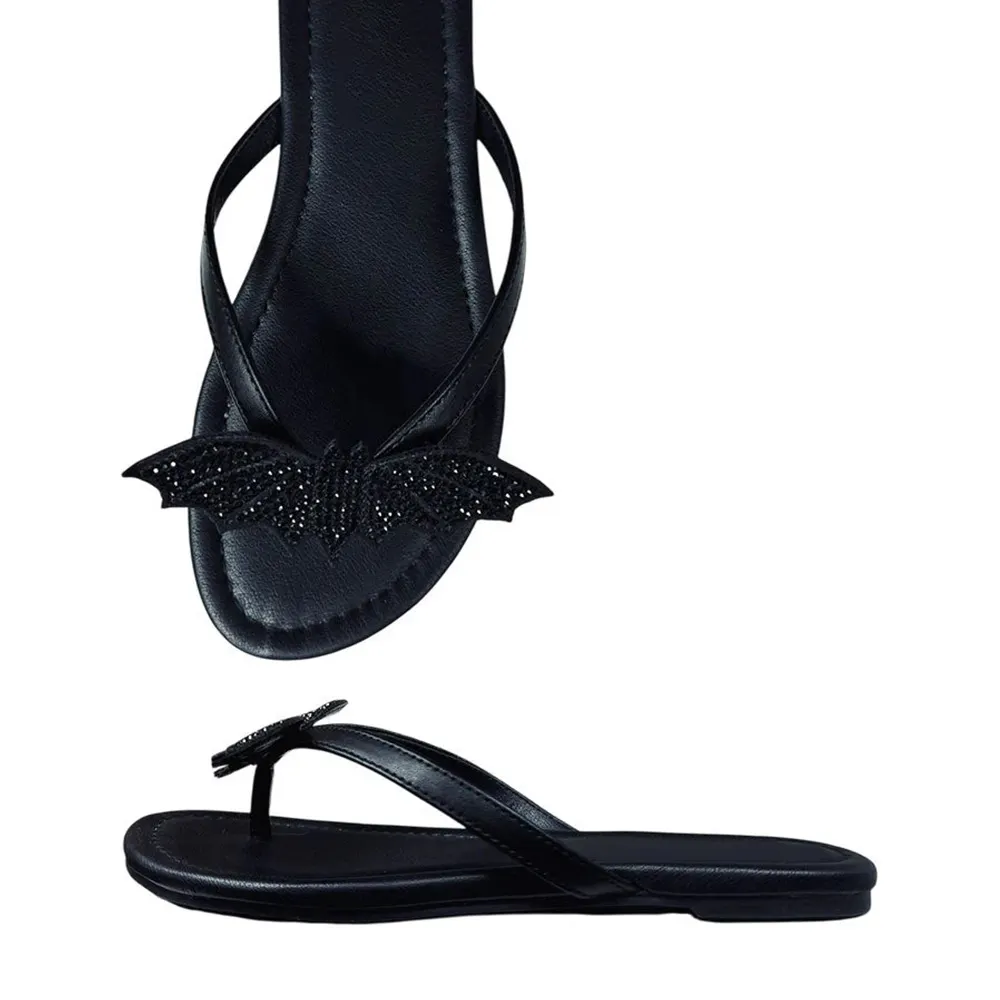 Open Toe Flat Bat Rhinestone Flip Flops Black Sandals for Women