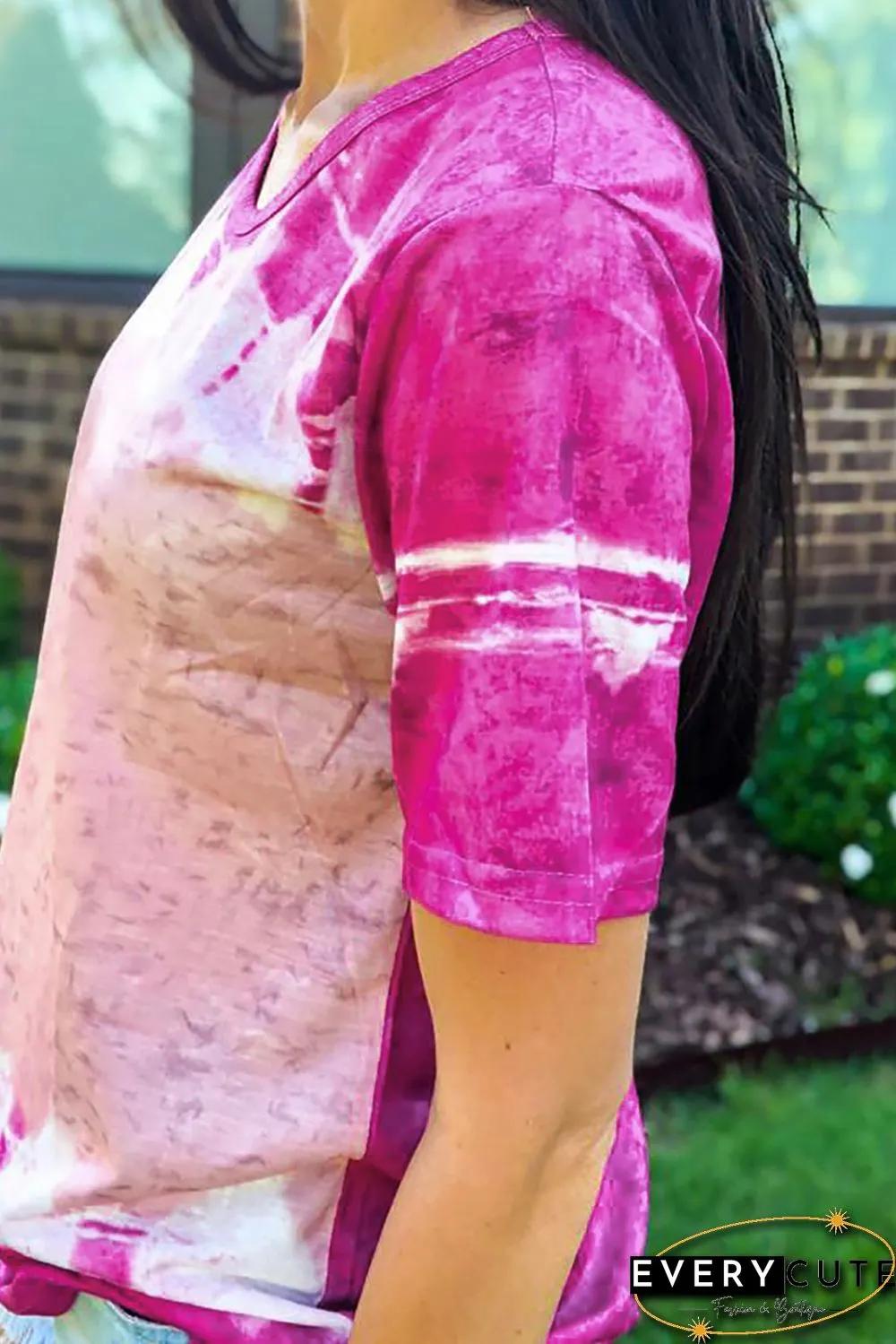Rose Tie-dyed Color Block Print T-shirt