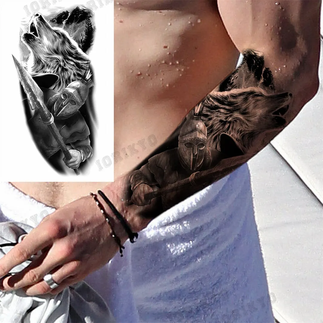 Black Lion Wolf Temporary Tattoos For Men Adult Forest Rose Compass Warrior Fake Tattoo Washable Body Art Painting Tatoo Sticker