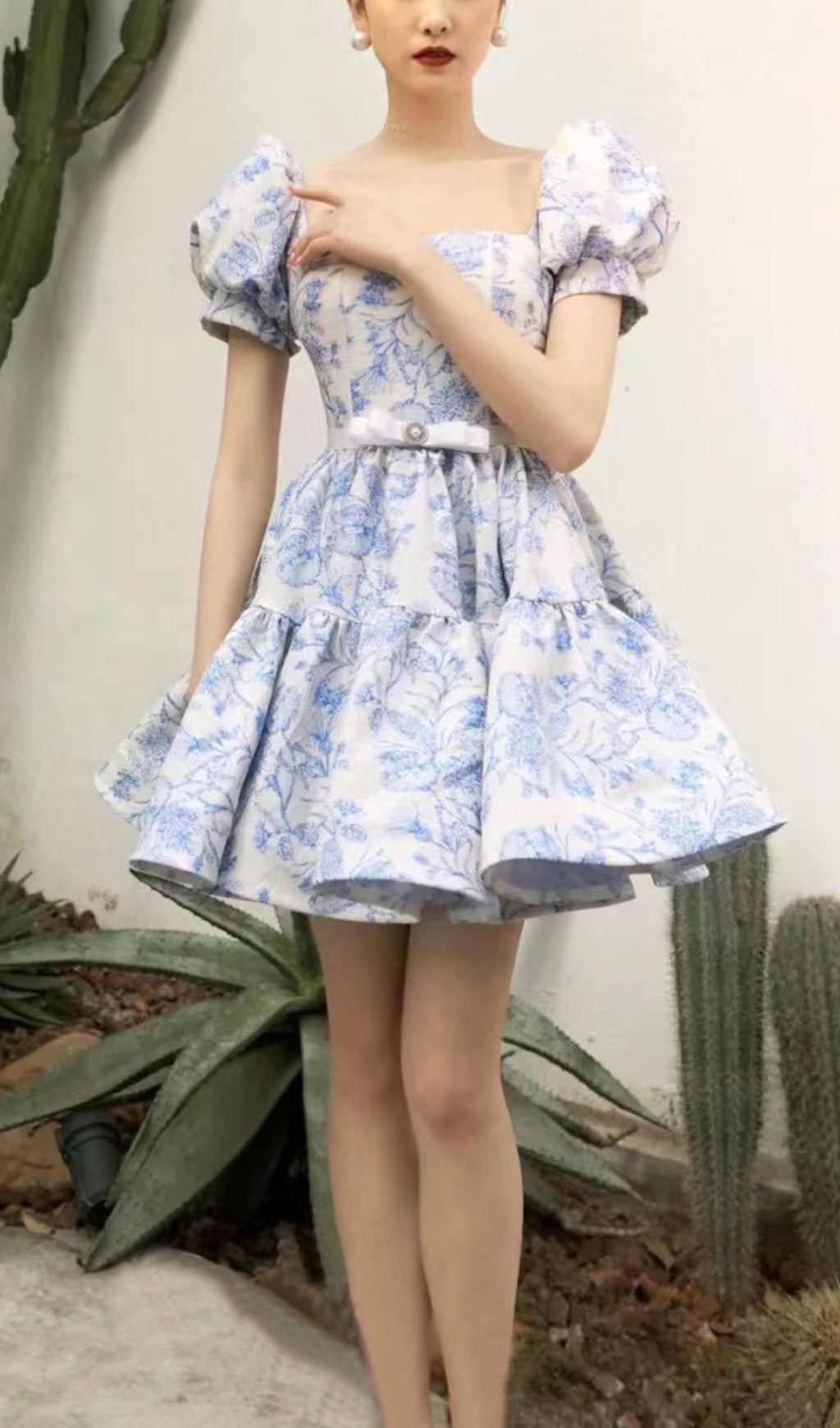 French Puff Sleeve Printed Mini Dress Flowering Girl