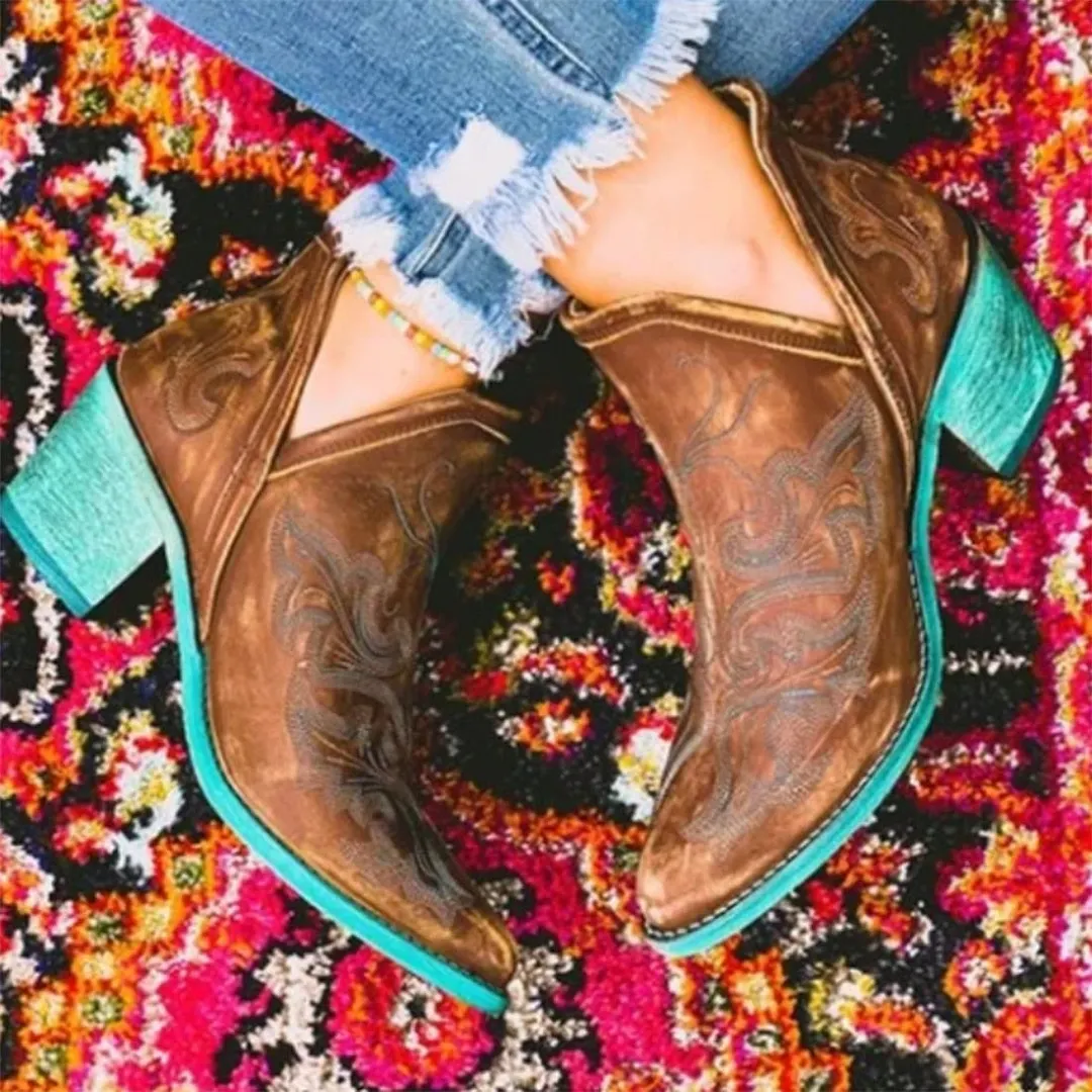 Miaoguan Autumn Winter Casual Western Cowboy Ankle Boots Women Leather Cowgirl Boot Short Cossacks Botas High Heels Shoes Mujer