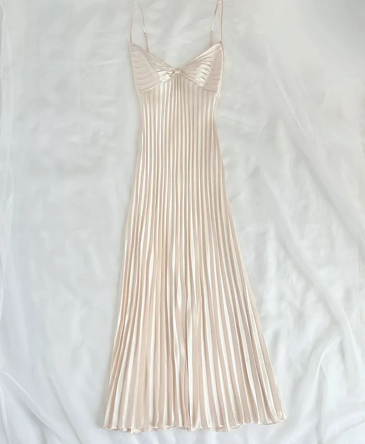 Spaghetti strap fashionable pleated long satin prom dress 
