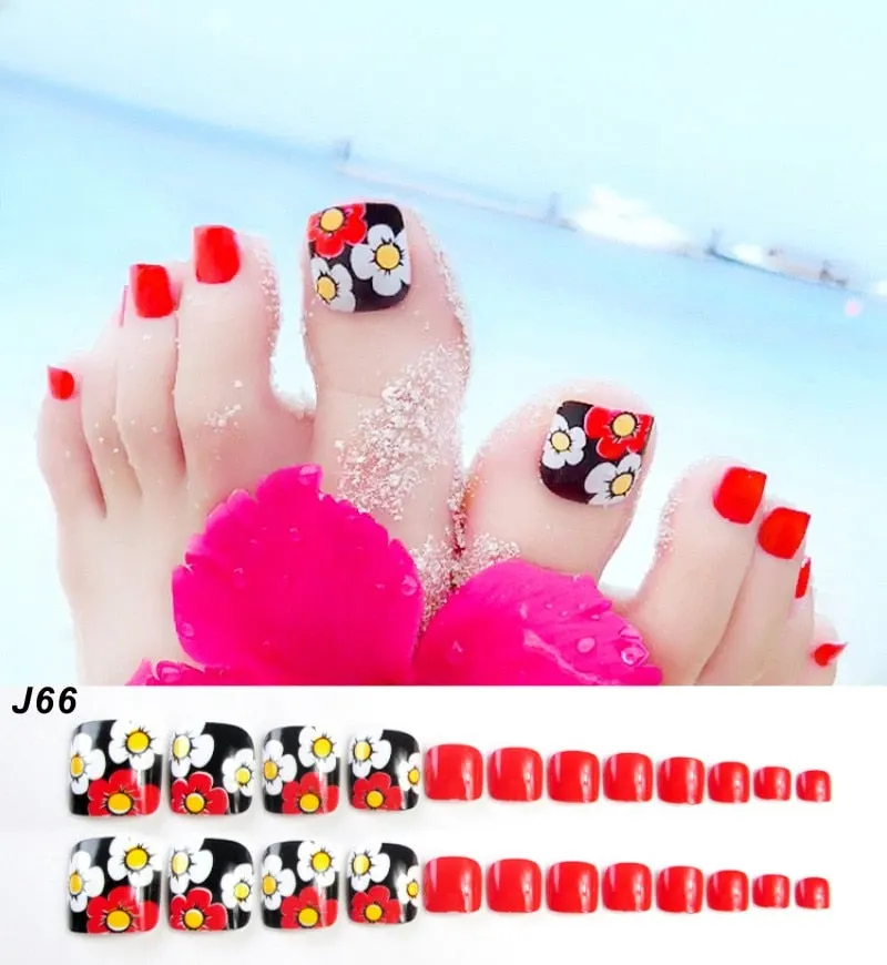 24Pcs Pretty Summer Beach Toes False Nails Rhinestone Pre-design Full Cover Red Foot Artificial Fake Nails with Glue Nail Beauty-Nail Inspo