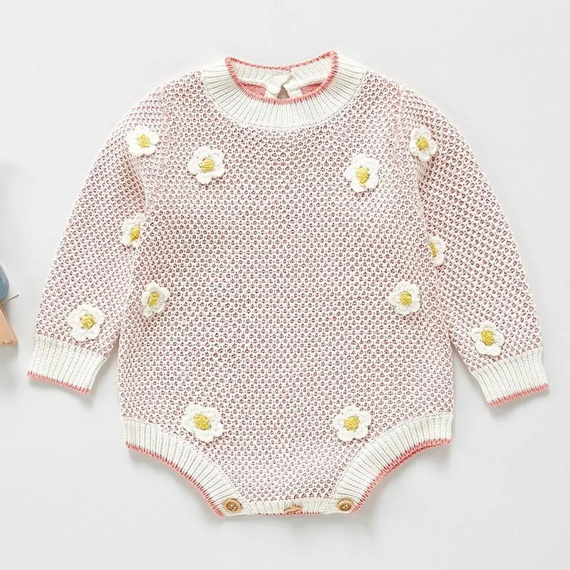 Spring Baby Girl Rompers Girl Long Sleeves Knit Sunflower Embroider Rompers Autumn Baby Girl Newborn Rompers Clothes
