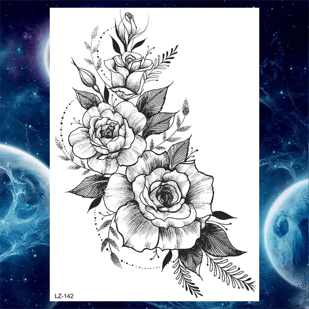Flower Compass Temporary Tattoo For Women Girls Adult Rose Peony Tattoos Sticker Fake Black Floral Body Art Thigh Tatoos Paper