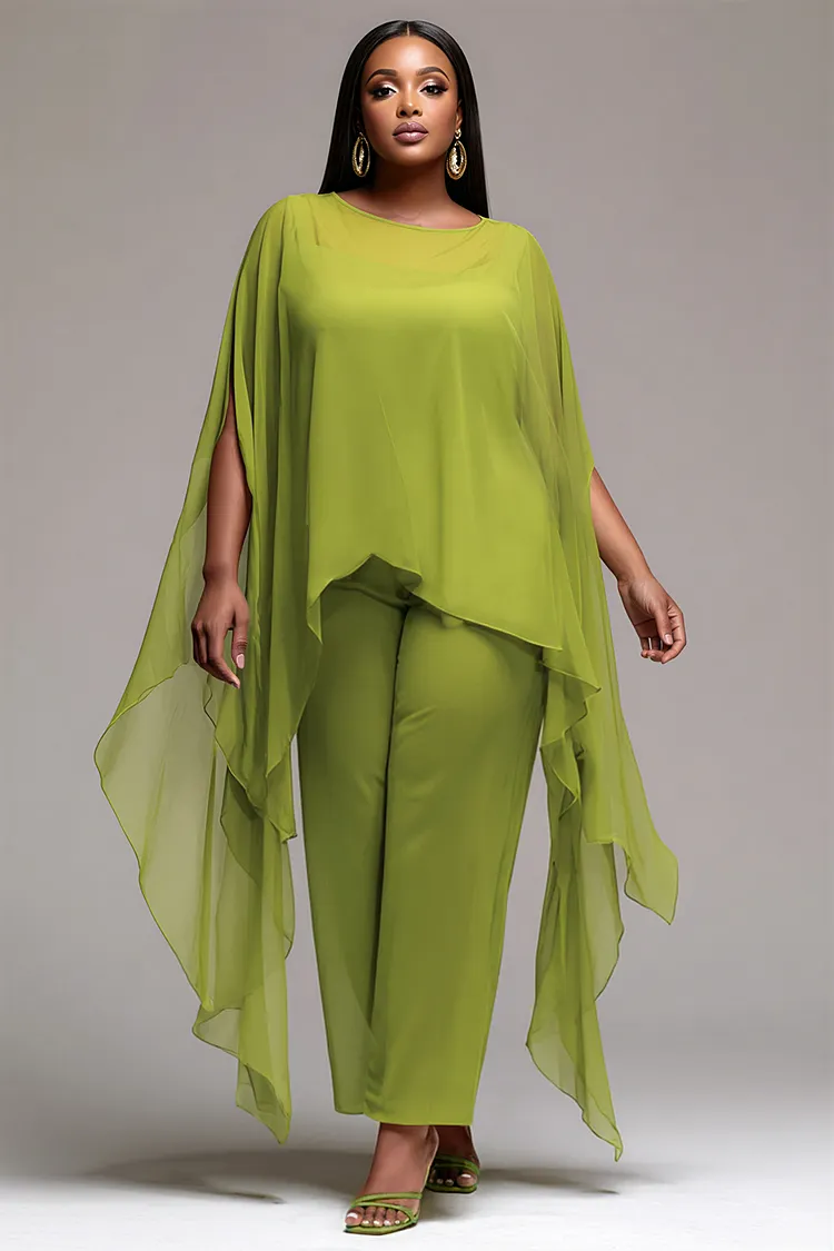 Xpluswear Design Plus Size Vacation Elegant Green Round Neck Asymmetric Hem Wide Leg Chiffon Two Piece Pant Sets [Pre-Order] 2024 - Xpluswear