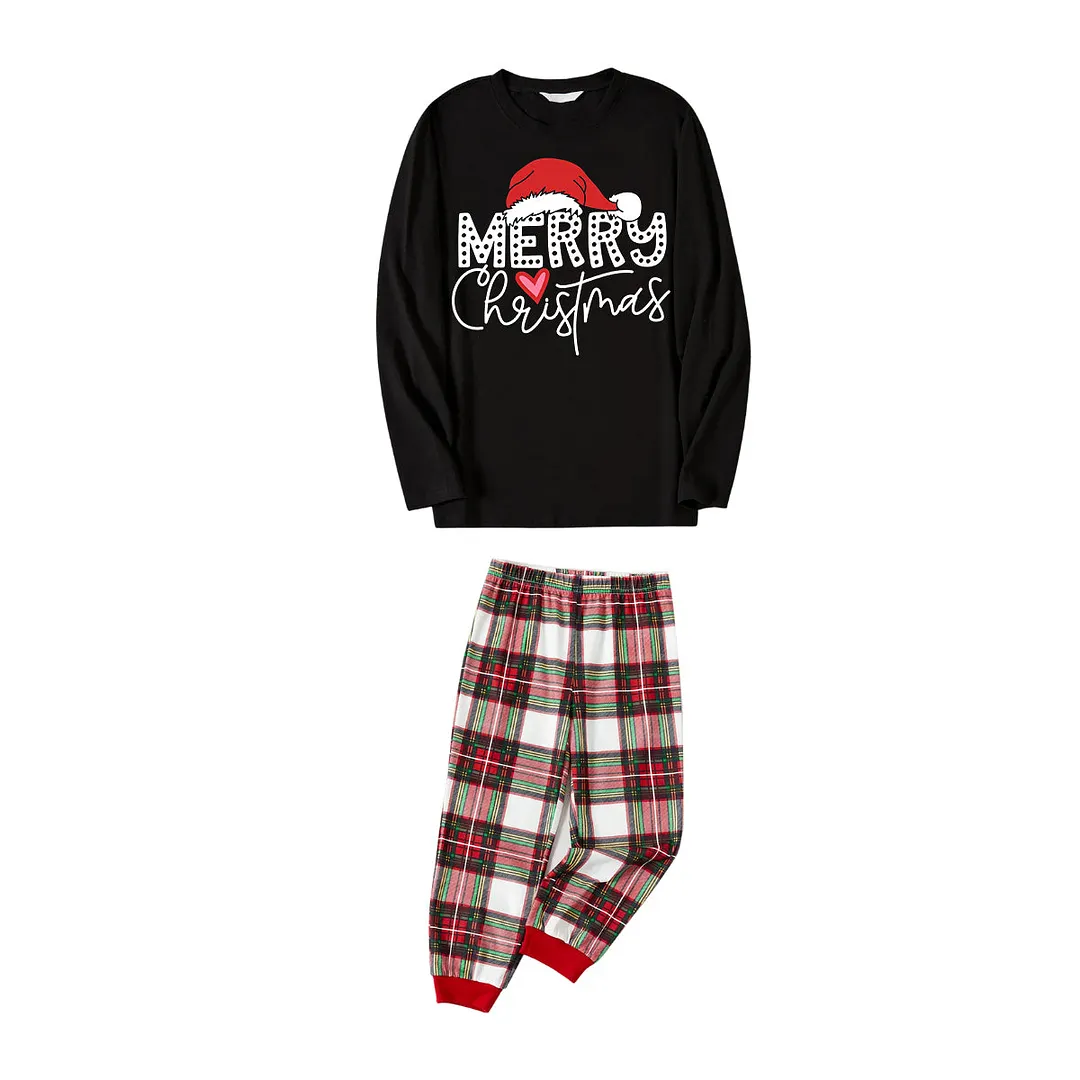 Red Santa Hat "Merry Christmas" Letter Print Black Long Sleeves Top with Green Red White Classic Plaid Pants Family Matching Pajamas