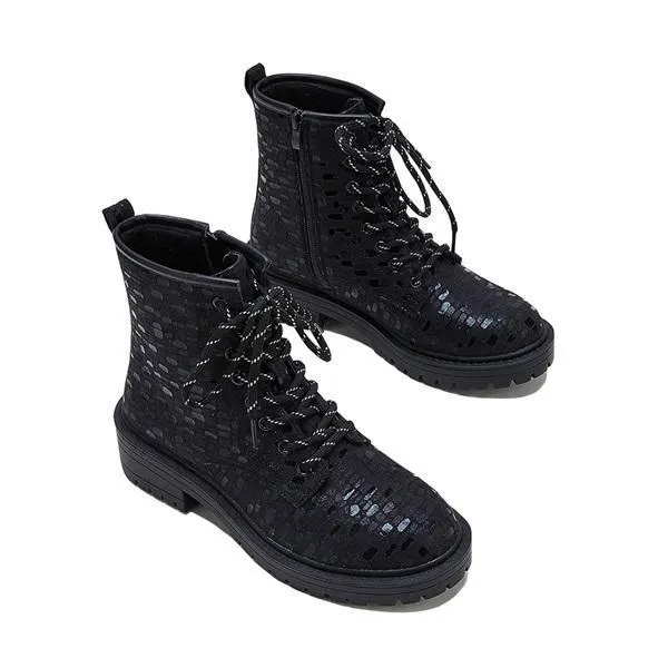 Women Sexy Sequin Lace-Up Ankle Chunky Heel Boots