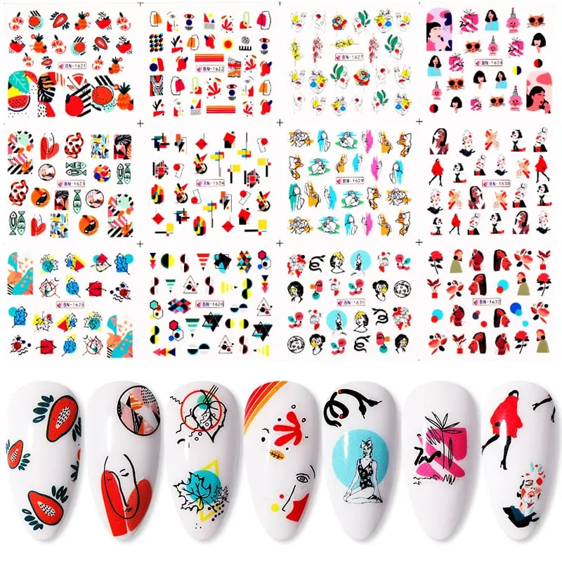 12Pcs Flower Leaf Geometric Lines Water Decals Spring Floral Butterfly Transfer Sliders Paper For Nails Decoration Manicures