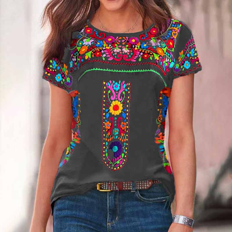 Retro Round Neck Tribal Printed Short Sleeve T-Shirt elevenforest