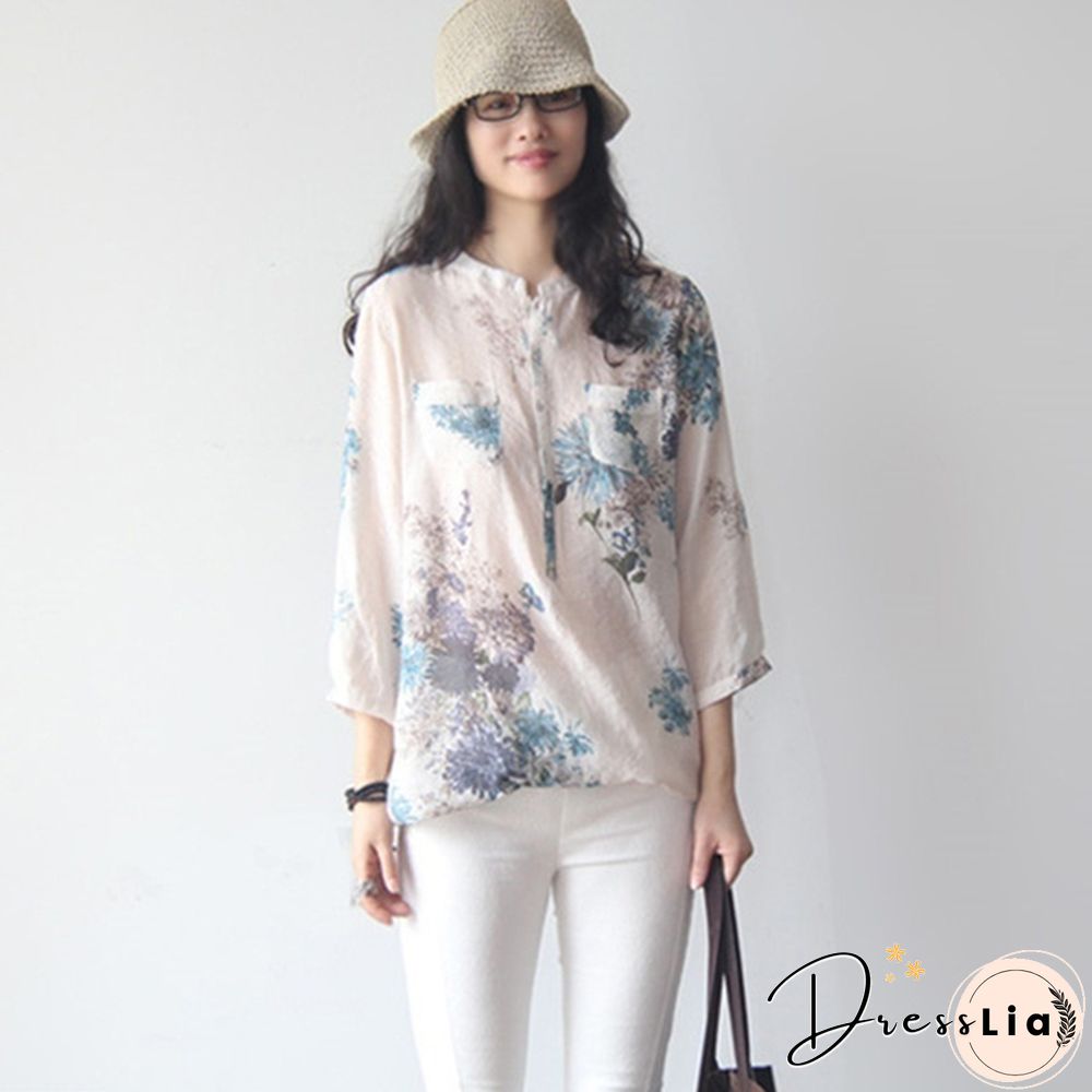 Vintage Women Floral Printed Casual Loose Tops Shirt Tunic Dress