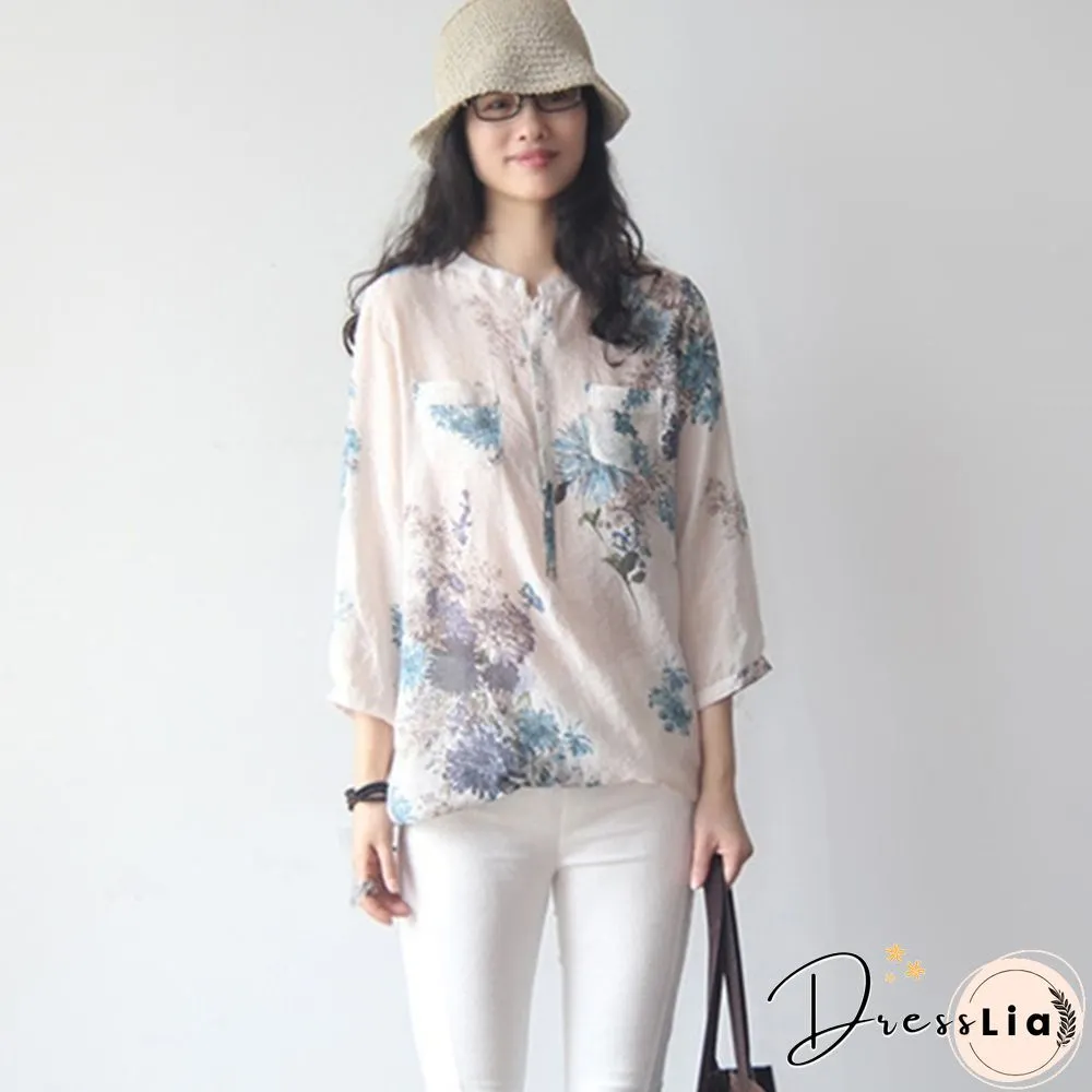 Vintage Women Floral Printed Casual Loose Tops Shirt Tunic Dress