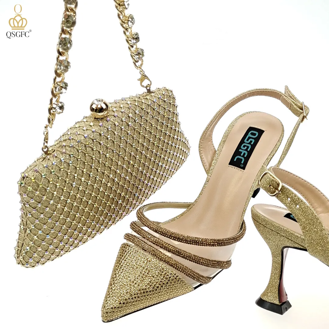 QSGFC2022 Fashion Shiny Full Diamond Decoration In Nigeria Elegant Orange Color Ladies Shoes and Bag For Party Wedding