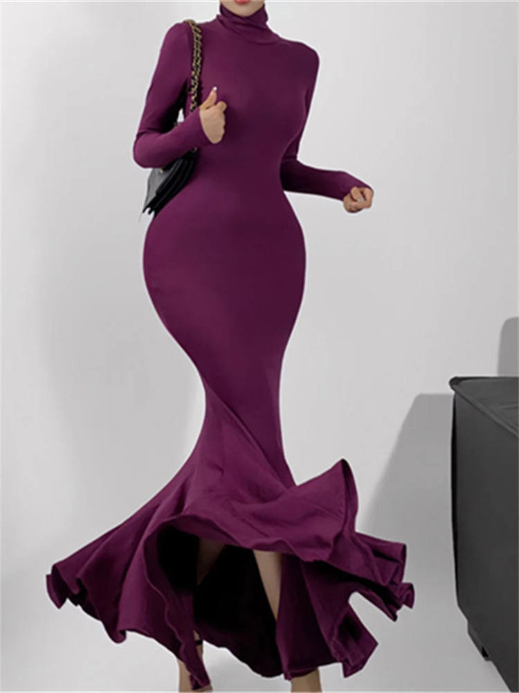 Tossy Vintage Pleated Knit Long Dress For Women Turtleneck Slim Solid Elegant Party Dress Ribbed Patchwork Fashion Autumn Dress