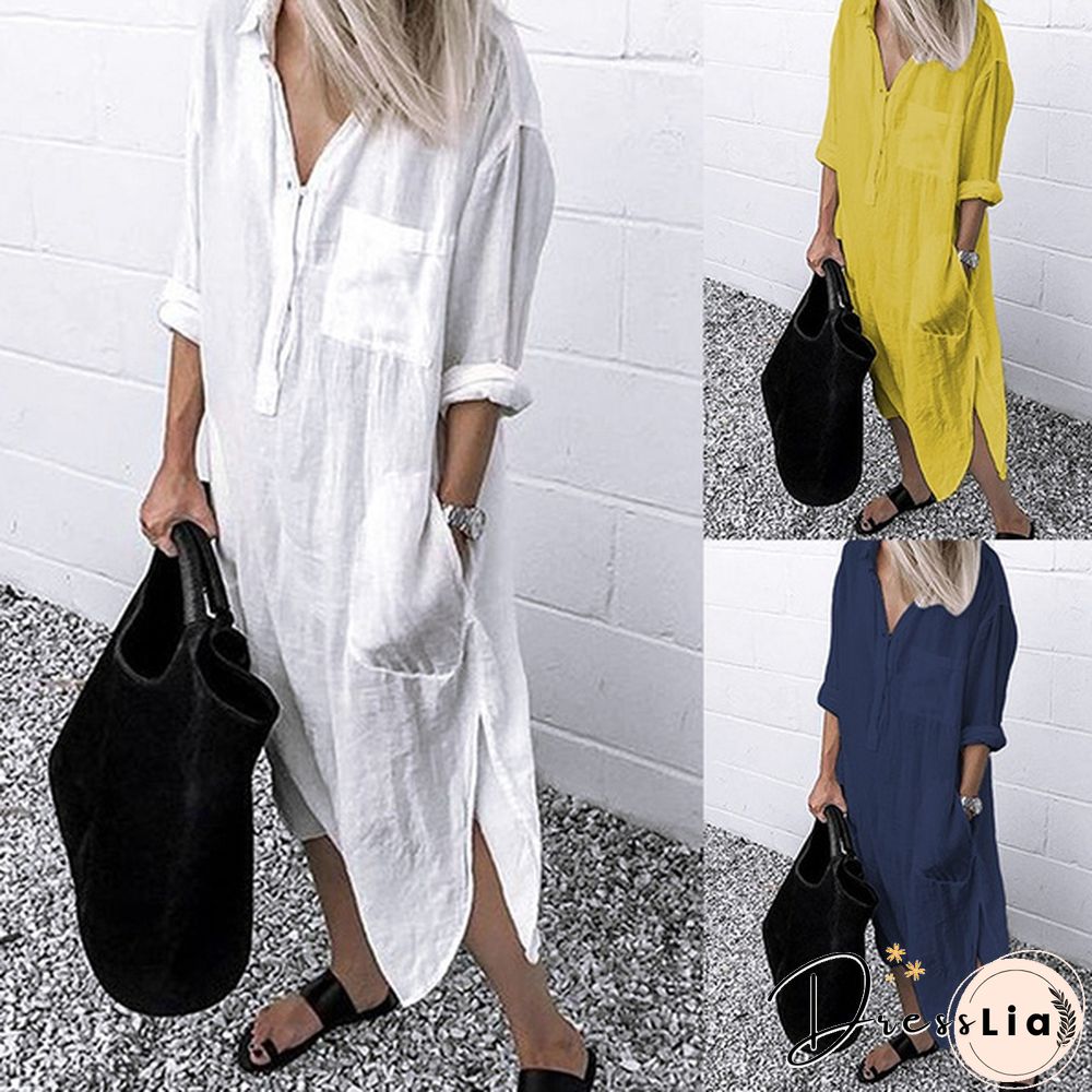 S-5XL Women Side Slit Cotton Long Dress Spring Solid Color Long Shirt Dress Kaftan Dress