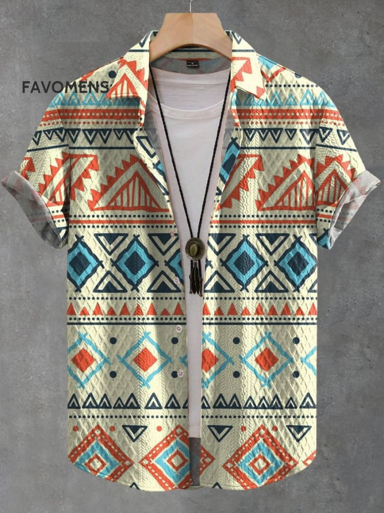 Bohemian National Style Horizontal Stripes Vintage Print Casual Jacquard Shirt Multicolor / S