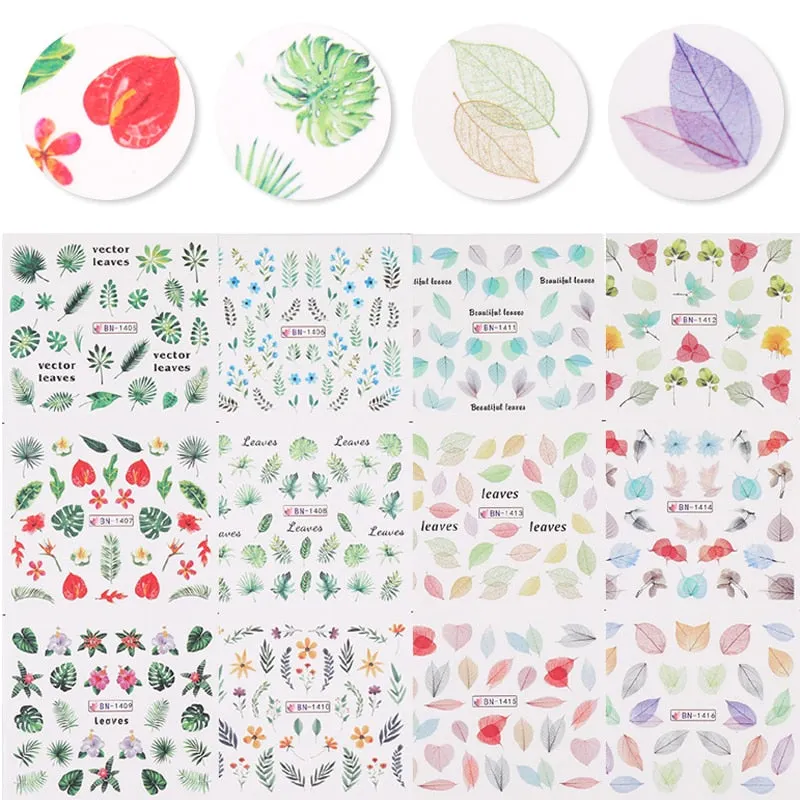 12Styles Harunouta Spring Summer Alphabet Flower Leaves Nail Water Decals Popular Geometric Lines Transfer Stickers Decoration