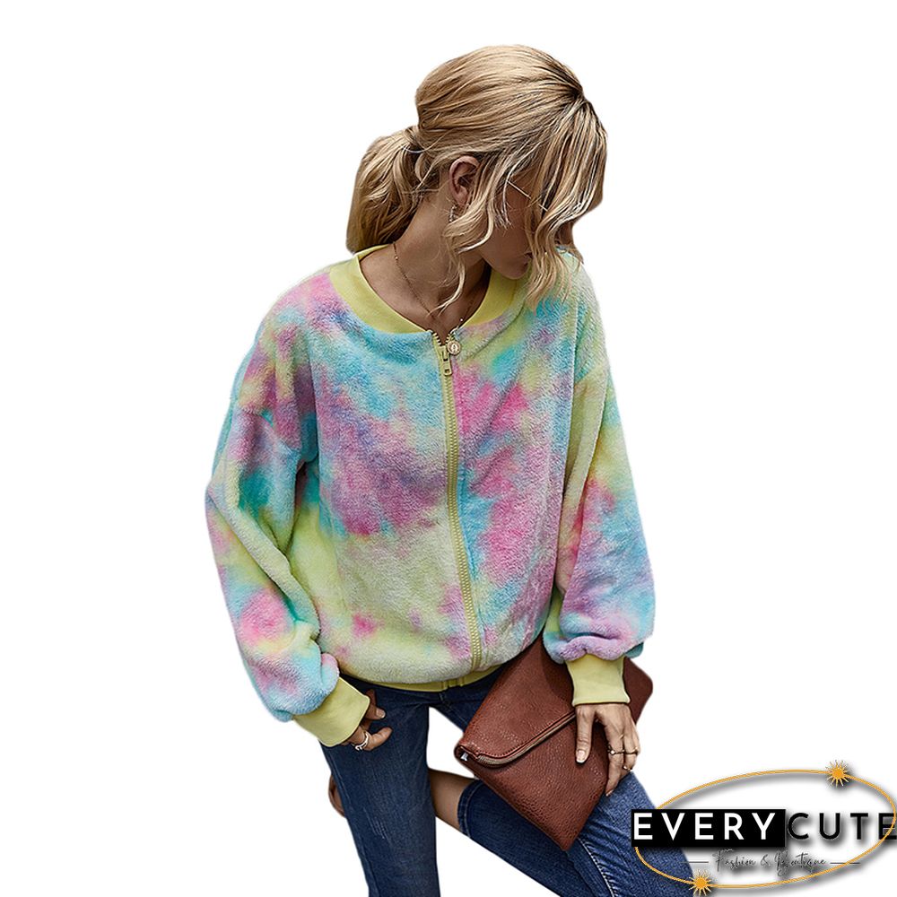 Yellow Zipper Up Tie Dye Print Plush Coat