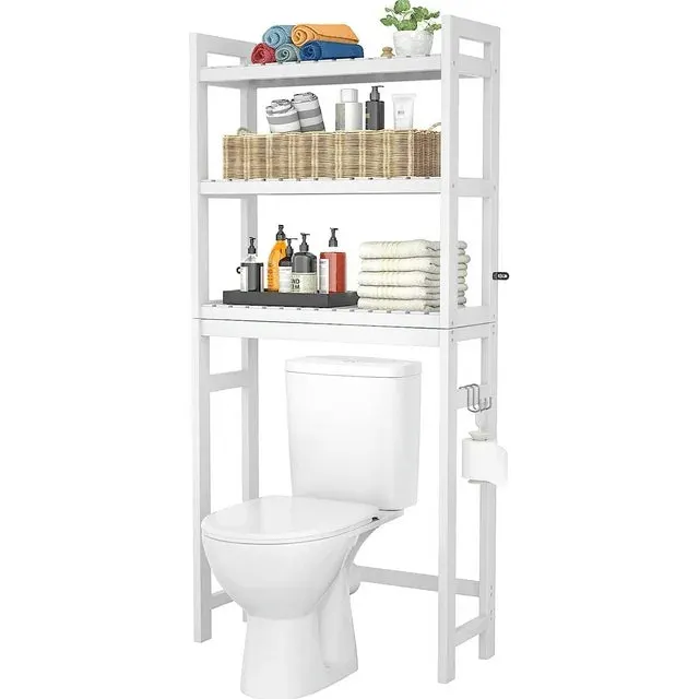 Over The Toilet Storage, Bamboo 3-Tier Over The Toilet Space Saver Organizer Rack, Stable Freestanding Above Toilet Stand with 3 Hooks for Bathroom, Restroom, Laundry, White