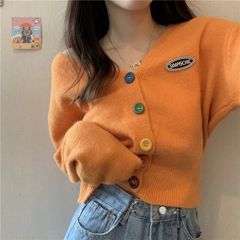New Korean Sweet Cardigan Sweater Women Single Breasted V-neck Long-sleeved Knitted Jacket S-4XL Short Cardigan 6 colors