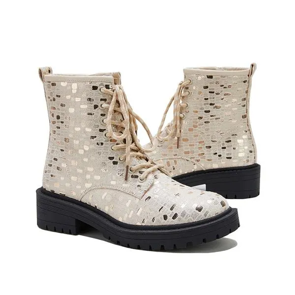 Women Sexy Sequin Lace-Up Ankle Chunky Heel Boots