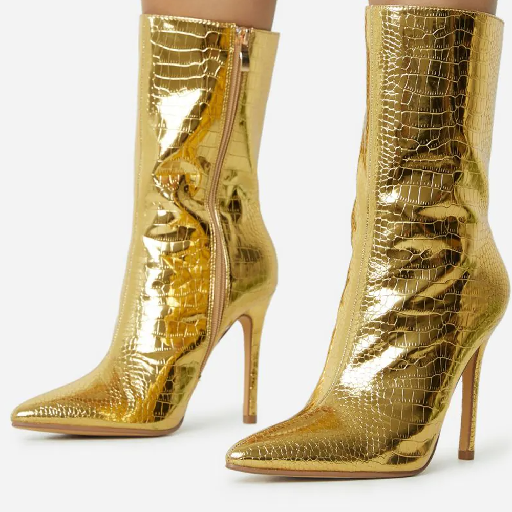 Gold Croco Embossed Pointed Toe Side Zip Stiletto Heel Ankle Boots Nicepairs