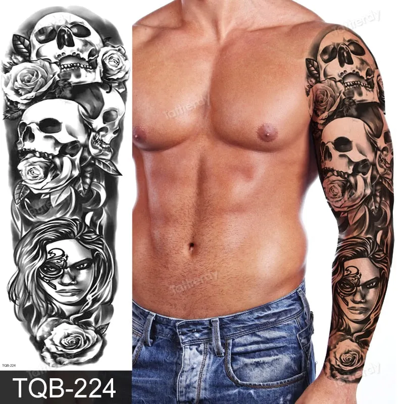 skull sleeve tattoo designs large full arm temporary tattoos for men boy tatoo fake waterproof tiger totem lion dragon pattern