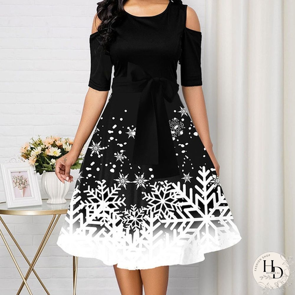 New Arrival Women Belted Snowflake Print Cold Shoulder Round Neck Elegant Dress Plus Size Fashion Christmas Party Dress S-5Xl