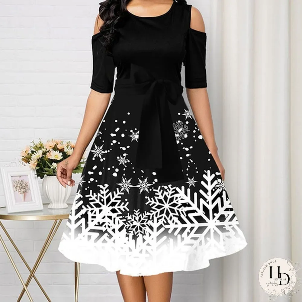 New Arrival Women Belted Snowflake Print Cold Shoulder Round Neck Elegant Dress Plus Size Fashion Christmas Party Dress S-5Xl
