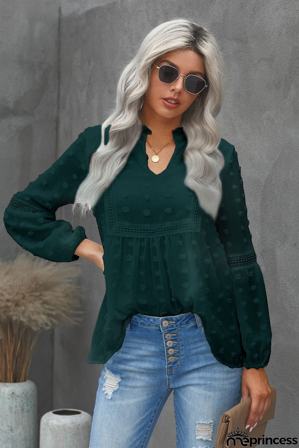 Ruffled Split Neck Lace Hollow Out Puff Sleeve Polka Dot Blouse