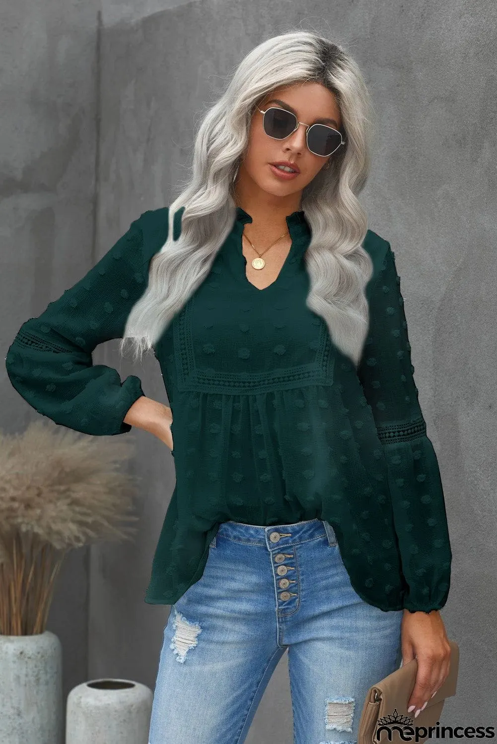 Ruffled Split Neck Lace Hollow Out Puff Sleeve Polka Dot Blouse