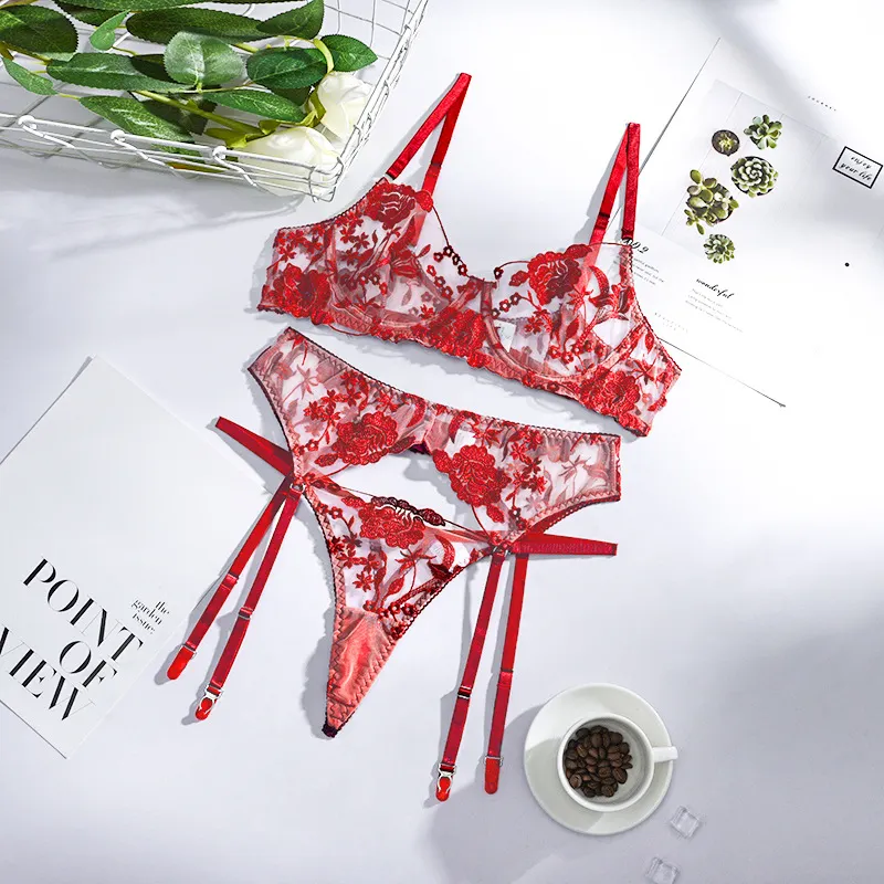 Billionm Lace Lingerie Set 3 Pieces Push Up Bra with Bone Panties Sensual Women's Underwear Floral Embroidery Erotic Costumes Femme Sex